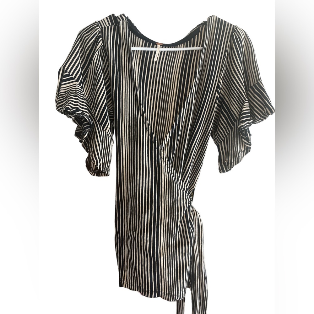 Free People Wrapped Around My Finger Striped Wrap Ruffle Sleeve Top Size Medium